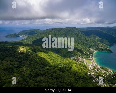 Foto con droni della costa e della fine del crinale principale dell'estremità nord-orientale di Tobago. Questa zona fa parte della Riserva della Biosfera di Tobago nord-est dell'UNESCO. Foto Stock