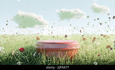 Erba verde Texture con un podio di 3D o stand in pietra o cemento con cielo blu Foto Stock