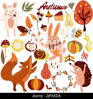 Autunno set, carino animali boschivi ed elementi autunno, un topo, una volpe astuzia, un riccio danzante, alberi colorati, foglie, funghi. Perfetto per il web, il festival del raccolto, il banner, il cartellino e il giorno del Ringraziamento Illustrazione Vettoriale