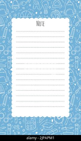 Modello di elenco delle note per il contenuto di planner, To Do List, bullet journal. Pagina bianca su sfondo blu con elementi scolastici in stile doodle Illustrazione Vettoriale