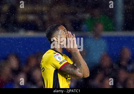 Joao Pedro di Watford reagisce a un’occasione persa durante la partita del campionato Sky Bet a St. Andrew's, Birmingham. Data immagine: Martedì 16 agosto 2022. Foto Stock