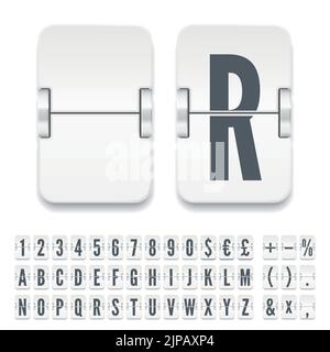 Font del tabellone del terminale per visualizzare l'illustrazione del vettore delle informazioni di partenza del volo. Lavagna bianca dell'aeroporto con alfabeto meccanico con numeri e simboli per le informazioni sulla destinazione e gli orari Illustrazione Vettoriale