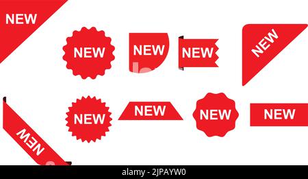 Set di semplici etichette rosse con la parola new su sfondo bianco Illustrazione Vettoriale