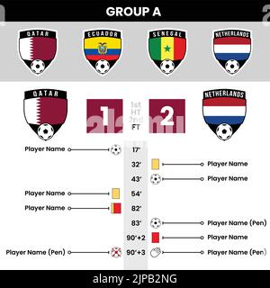 Eventi e dettagli delle partite di calcio con le icone della squadra a forma di scudo Illustrazione Vettoriale