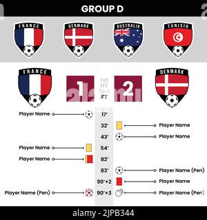 Eventi e dettagli delle partite di calcio con le icone della squadra a forma di scudo Illustrazione Vettoriale