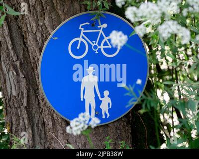 Uomo che tiene le mani a camminare con bambino e il segno del percorso del ciclone che indica il percorso del piede e della bici, Pruggern, Liezen, Stiria, Austria Foto Stock