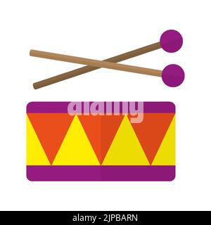 Drum stick bambini circo strumento musicale piatto. Giocattolo negozio logo colorato adesivo educativo divertente strumento bambini casa giochi creatività canto musicista fine motore abilità buona udito isolato Illustrazione Vettoriale