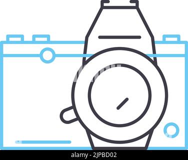 icona della linea della telecamera senza mirrorless, simbolo del contorno, illustrazione vettoriale, segnale concettuale Illustrazione Vettoriale