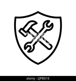 Icona a doppia chiave e martello in scudo. Icona relativa a costruzione, sicurezza sul lavoro, giornata di lavoro. Stile icona linea. Design semplice modificabile Illustrazione Vettoriale