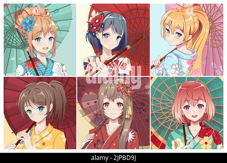 Set di simpatici personaggi anime avatar. In kimono e un ombrello. Ritratti di ragazze e ragazzi cartoni animati. Colorata collezione di illustrazioni disegnate a mano Illustrazione Vettoriale