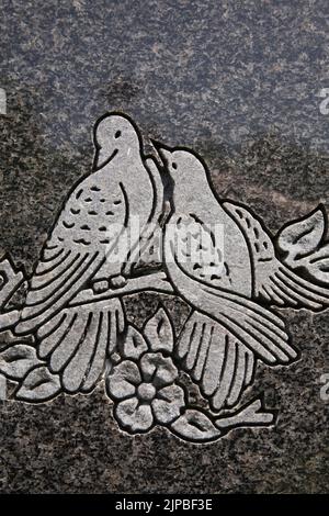 Colombe in lutto raffigurate sul monumento commemorativo nel cimitero. Foto Stock