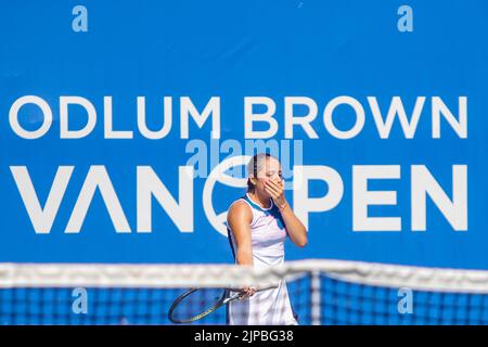 15 agosto 2022, West Vancouver, British Columbia, Vancouver, BC, Canada: VANCOUVER, BC - 15 AGOSTO: Elisabetta Cocciaretto d'Italia reagisce nella sua partita contro Heather Watson di Gran Bretagna durante il secondo giorno del 2022° Odlum Brown VanOpen all'Hollyburn Country Club il 15 agosto 2022, a West Vancouver, British Columbia, Canada. (Credit Image: © Clelio Tomaz/PX Imagens via ZUMA Press Wire) Foto Stock