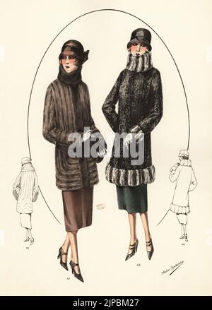 Donna alla moda in pettorina corta, cappelli cloche e camici in pelliccia corta. Giacca di visone mezza lunghezza, jaquette en vison 41. Giacca gambaletto in agnello con bordo di chinchilla, jaquette en breitschwanz 42. Litografia colorata a mano da Modeles Originaux de Fourrures, modelli originali in Fur, n° 17, Atelier Bachwitz, Vienna, 1926. Foto Stock