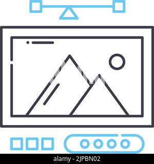 icona della linea di modifica delle foto, simbolo del contorno, illustrazione vettoriale, simbolo concettuale Illustrazione Vettoriale