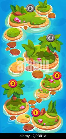 Mappa del livello dell'interfaccia utente del gioco isole in oceano con cristalli, palme, erba verde, rocce e numeri. Cartoon 2D fantasy paesaggio piattaforma, ambiente grafico per pc o mobile arcade, menu interfaccia design Illustrazione Vettoriale