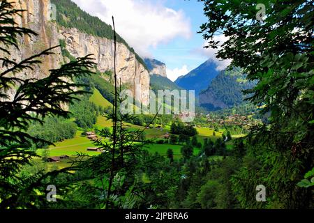 Sulla strada per le cascate di Mürrenbach, vicino Stechelberg, nella valle superiore di Lauterbrunnen, Svizzera, Europa Foto Stock