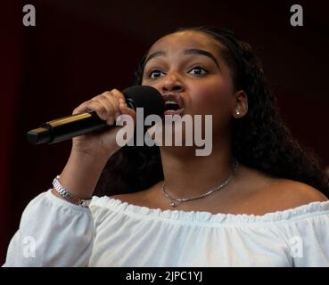 15 agosto 2022, Chicago, Illinois, USA: Dopo due anni di pausa, l'evento gratuito di Broadway a Chicago è tornato al Pritzker Pavillion nel Millennium Park, Chicago. L'evento ospitato dalla ABC-TV personalità Val Warner e Jose Saunders ha dato gli estratti del pubblico di dieci spettacoli di Broadway in arrivo a Chicago tra cui il Re Leone, Caro Evan Hansen, Chicago, 1776, Wicked, jagged pill poco, Tina, Les Miserables, Aladdin e MJ. Foto: D'KAYLAH WHITLEY (Credit Image: © Karen I. Hirsch/ZUMA Press Wire) Foto Stock