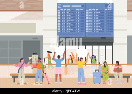 Molti passeggeri escono dalla sala partenze dell'aeroporto. Le persone in attesa di amici stanno agitando le mani. disegno piano stile vettore illustrazione Foto Stock