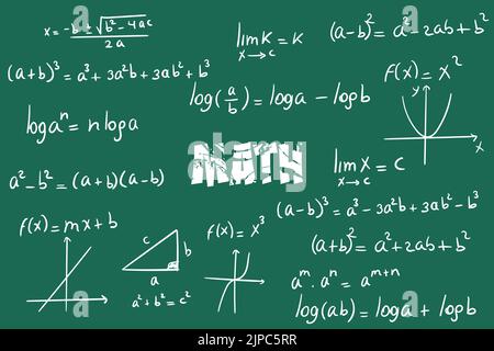 Esercizi matematici, formule ed equazioni per il calcolo, algebra su sfondo verde della lavagna Illustrazione Vettoriale