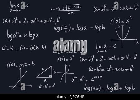 Note di esercizi, formule ed equazioni di calcolo matematico con sfondo nero a lavagna Illustrazione Vettoriale