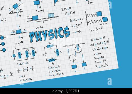Note su esercizi, formule ed equazioni fisiche, moto rettilineo uniforme, statica, elettromagnetismo, circuiti elettrici, forza di attrito, energia Illustrazione Vettoriale