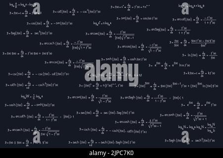 Equazioni e formule di logaritmi, derivati, trigonometrici, logaritmici, iperbolici e inversi su uno sfondo nero della lavagna Illustrazione Vettoriale