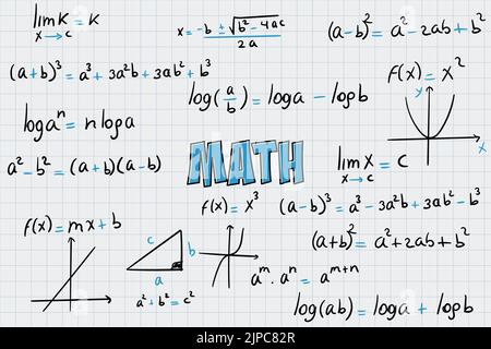 Esercizi matematici, formule ed equazioni per il calcolo, algebra con sfondo a griglia Illustrazione Vettoriale
