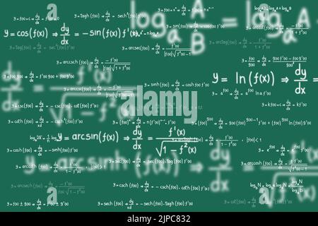 Equazioni e formule di logaritmi, derivati, trigonometrici, logaritmici, iperbolici e inversi su sfondo verde Illustrazione Vettoriale