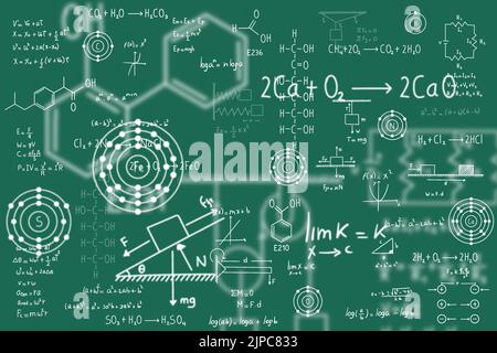 Equazioni di calcolo, algebra, chimica organica, reazioni chimiche, elementi chimici, fisica, movimento rettilineo, statica, elettromagnetismo, frictio Illustrazione Vettoriale