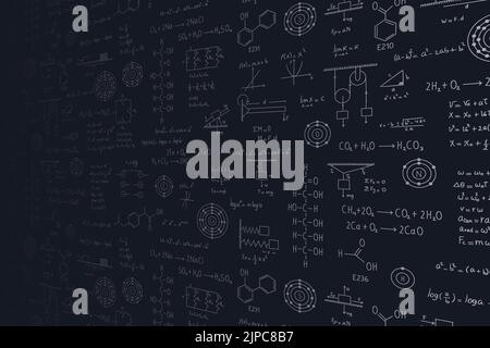 Equazioni di calcolo in prospettiva, algebra, chimica organica, reazioni chimiche, elementi chimici, fisica, movimento rettilineo, statica, elettromag Illustrazione Vettoriale