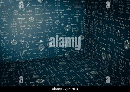 3d background di equazioni e formule di matematica, fisica e chimica, scienza e ingegneria Foto Stock