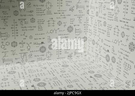 3d background di equazioni e formule di matematica, fisica e chimica, scienza e ingegneria Foto Stock
