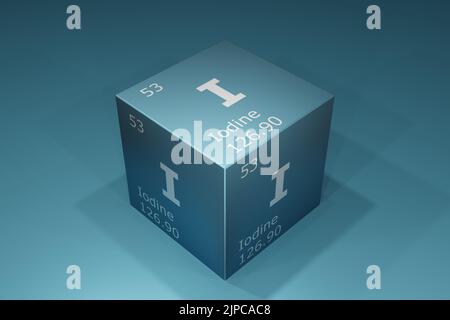 Iodio, 3D rappresentazione di simboli degli elementi della tavola periodica, numero atomico, peso atomico, nome e simbolo. Istruzione, scienza e tecnolog Foto Stock