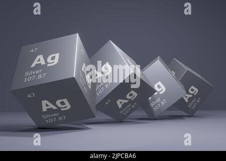 3D resa di argento, elemento chimico dalla tavola periodica. Formazione, scienza e tecnologia. Illustrazione 3D Foto Stock