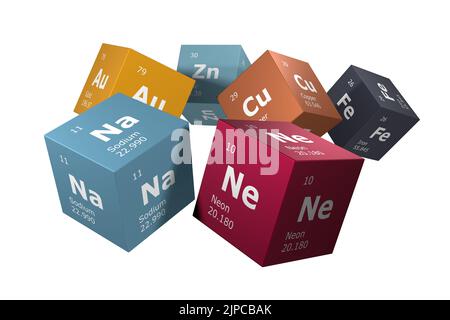 3D resa degli elementi della tavola periodica, sodio, neon, zinco, argento, ferro e rame. Formazione in materia di istruzione, scienza, tecnologia e motore Foto Stock