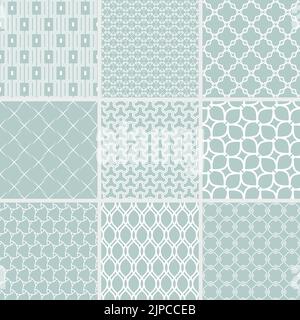Set di motivi geometrici senza cuciture vettoriali per i progetti e gli sfondi. Ornamento astratto geometrico azzurro e bianco. Ornamenti moderni con elementi ripetitivi Illustrazione Vettoriale