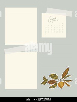 Calendario Ottobre 2022 modello collage vintage per note promemoria da fare lista scrapbooking adesivo con foglie autunnali. Illustrazione vettoriale Illustrazione Vettoriale