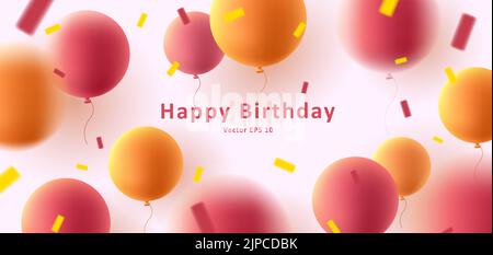 Buon compleanno banner con palloncini rossi e gialli realistici 3D e coriandoli Illustrazione Vettoriale