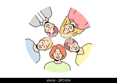 Ritratto di amici diversi sorridenti che si posano insieme in cerchio. L'immagine di gruppo di persone multirazziali felici mostra unità e amicizia. Illustrazione vettoriale. Illustrazione Vettoriale