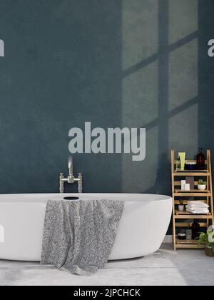 Bagno dal design moderno ed elegante con vasca da bagno di lusso, asciugamano, accessori da bagno con ripiano contro la parete blu. rendering 3d, illustrazione 3d Foto Stock