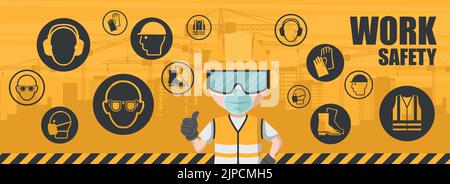 Esperienza del lavoratore con i propri dispositivi di protezione individuale. Serie di icone, pittogrammi di sicurezza industriale e salute sul lavoro per la prevenzione di Illustrazione Vettoriale