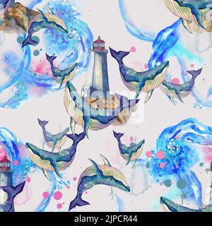 Acquerello disegnato a mano luminoso modello senza giunture con balena, onde e faro. Animali subacquei in dimissioni dopaminergiche. Foto Stock