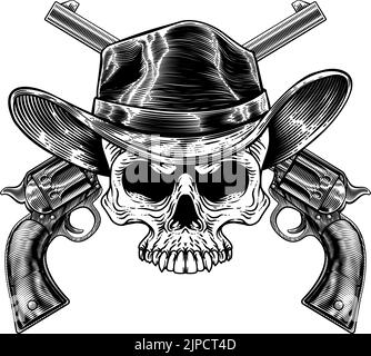 Cowboy Hat Pistols Skull Pirate Cross Bones Illustrazione Vettoriale