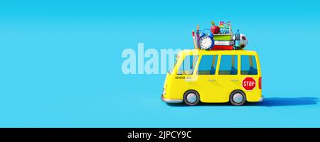 Concetto di ritorno a scuola su sfondo blu. Scuolabus con forniture scolastiche 3D Render 3D Illustrazione Foto Stock