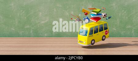 Jumping Bus scolastico con forniture scolastiche in classe. Concetto di ritorno a scuola su tavolo di legno con lavagna sullo sfondo 3D Render Foto Stock