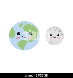 Luna vettoriale e pianeta Terra con facce Illustrazione Vettoriale