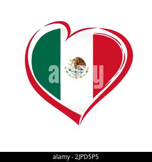 Emblema Love Mexico colorato. Independence Day of United Mexican States sfondo vettoriale con cuore rosso nei colori nazionali della bandiera messicana Illustrazione Vettoriale