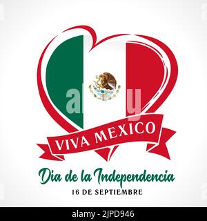 Viva Mexico, banner Día de la Independencia. Traduzione: Independence Day Settembre 16 celebrazione negli Stati Uniti messicani. Allarme nel vettore cardiaco Illustrazione Vettoriale