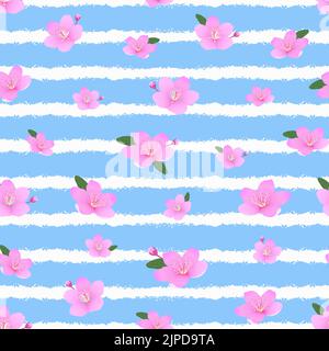 Un motivo senza cuciture di ciliegie in fiore su sfondo blu e bianco Illustrazione Vettoriale