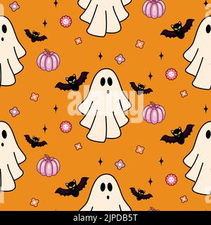 Sfondo arancione senza cuciture di Halloween con fantasmi e pipistrelli Illustrazione Vettoriale